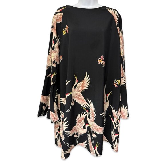 Plus Size Retro Bird Print Mini Dress with Bell Sleeves - Size 0XL - Picture 2 of 10